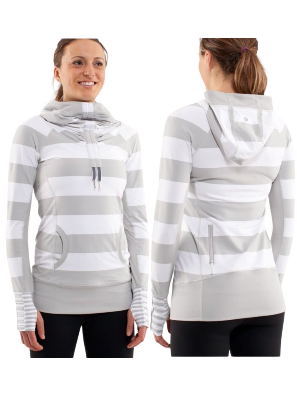 Lululemon Run With It Hoodie Jacket Size 6 Grey Stripe Luon Thumbhole Zip Archiv